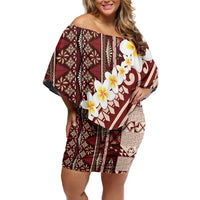 Red Vintage Tonga Ngatu Pattern With Plumeria Family Matching Off Shoulder Short Dress and Hawaiian Shirt LT05 Mom's Dress Red - Polynesian Pride