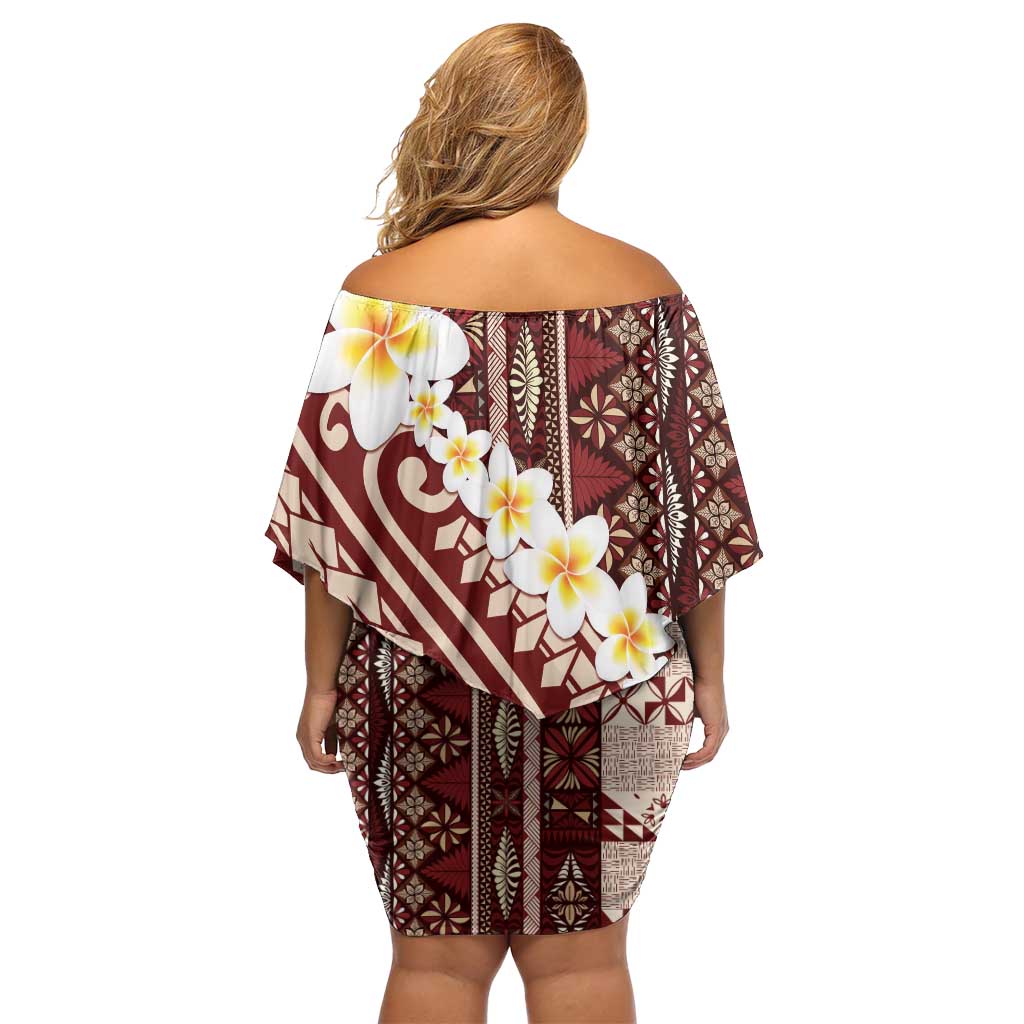 Red Vintage Tonga Ngatu Pattern With Plumeria Family Matching Off Shoulder Short Dress and Hawaiian Shirt LT05 - Polynesian Pride