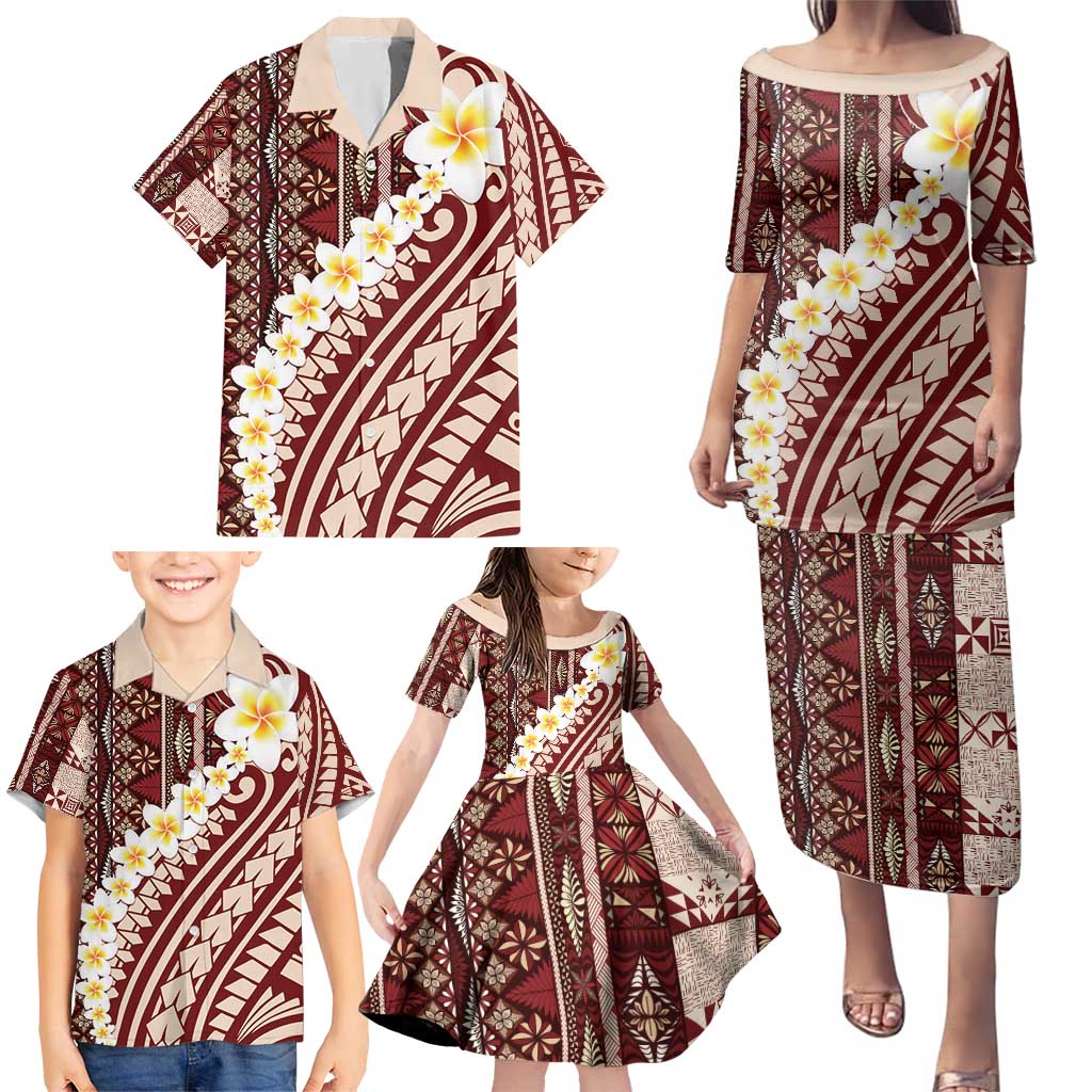 Red Vintage Tonga Ngatu Pattern With Plumeria Family Matching Puletasi and Hawaiian Shirt LT05 - Polynesian Pride