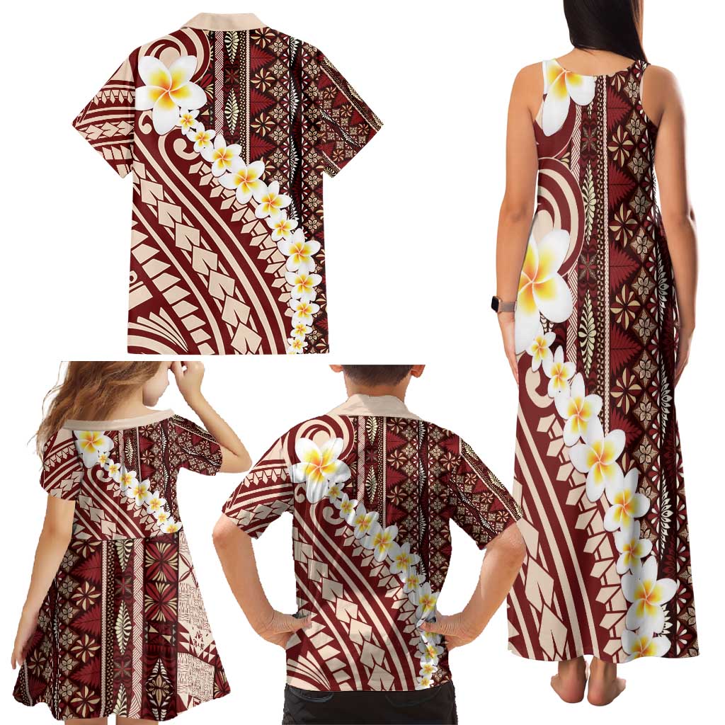 Red Vintage Tonga Ngatu Pattern With Plumeria Family Matching Tank Maxi Dress and Hawaiian Shirt LT05 - Polynesian Pride