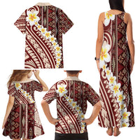 Red Vintage Tonga Ngatu Pattern With Plumeria Family Matching Tank Maxi Dress and Hawaiian Shirt LT05 - Polynesian Pride