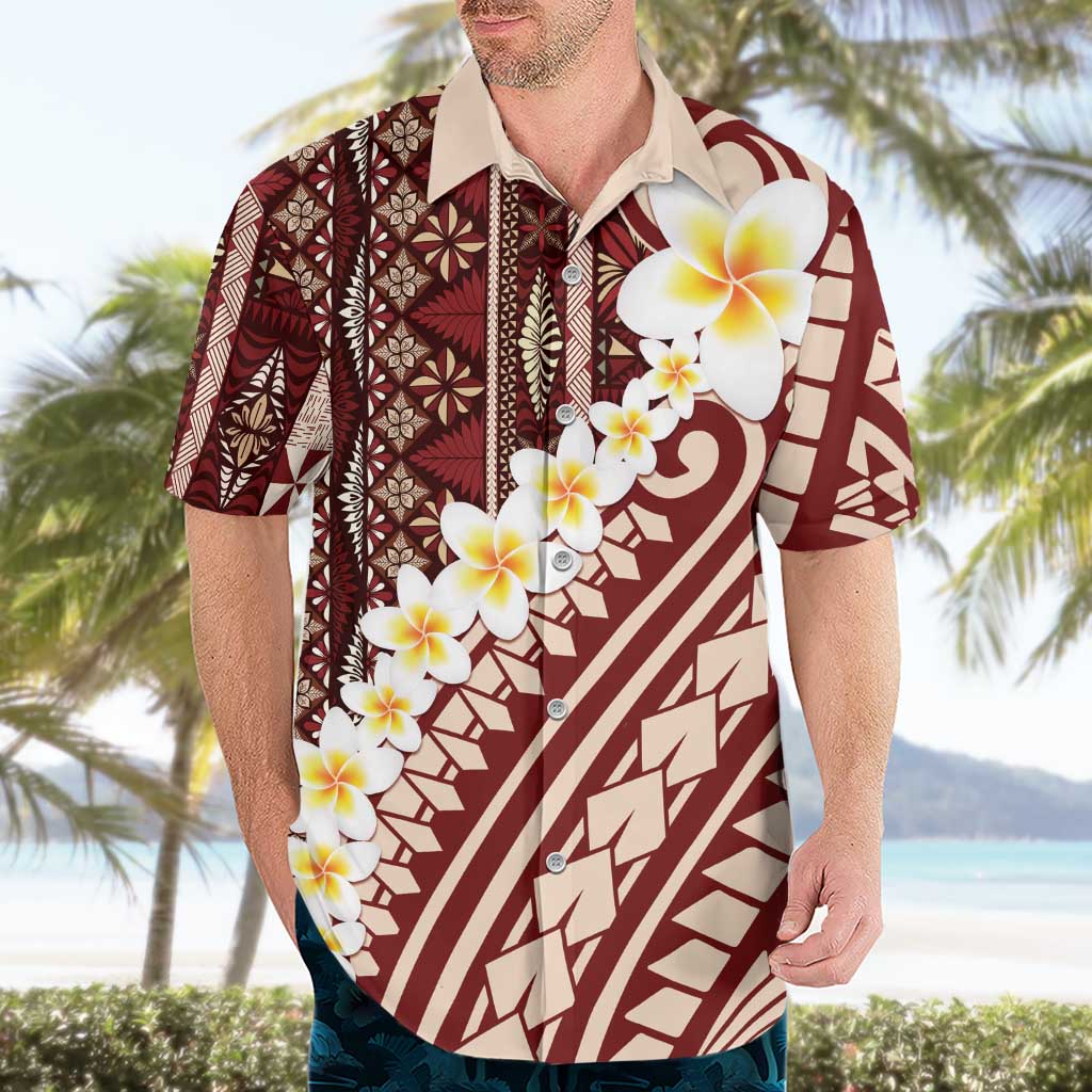 Red Vintage Tonga Ngatu Pattern With Plumeria Hawaiian Shirt - Polynesian Pride