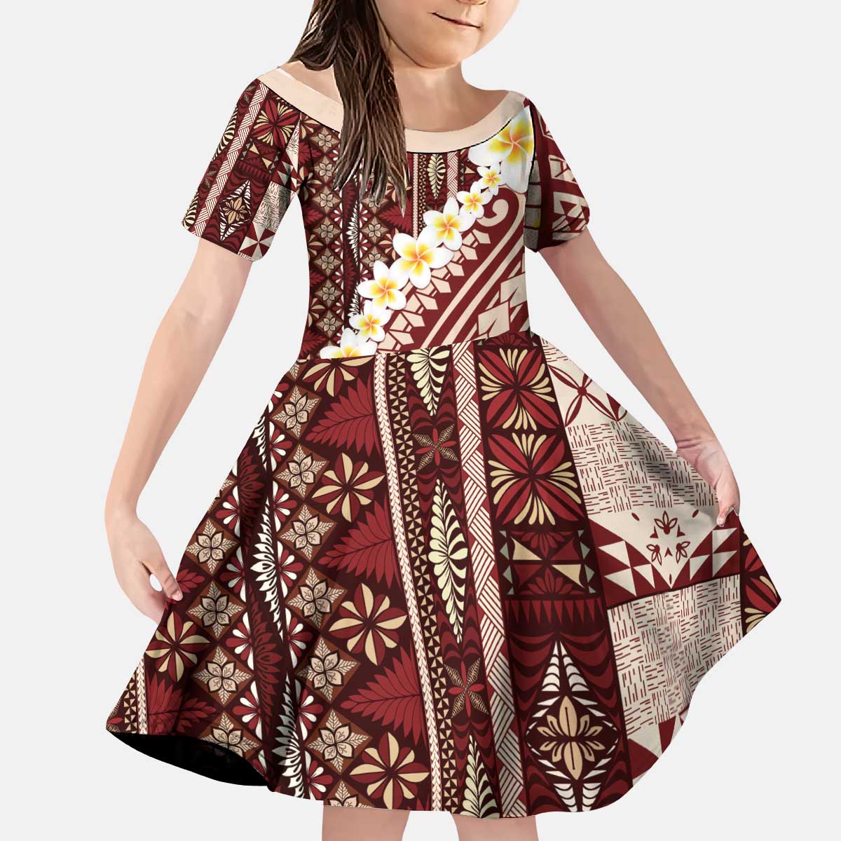 Red Vintage Tonga Ngatu Pattern With Plumeria Kid Short Sleeve Dress LT05 KID Red - Polynesian Pride