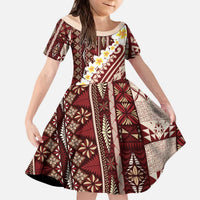Red Vintage Tonga Ngatu Pattern With Plumeria Kid Short Sleeve Dress LT05 KID Red - Polynesian Pride