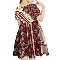 Red Vintage Tonga Ngatu Pattern With Plumeria Kid Short Sleeve Dress LT05 - Polynesian Pride