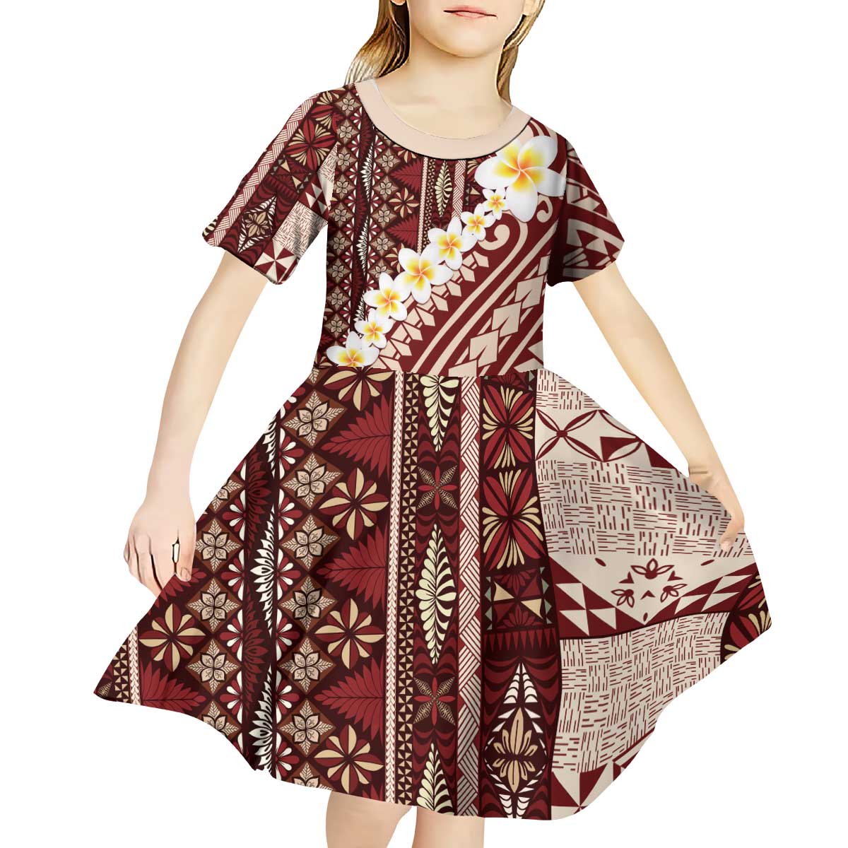 Red Vintage Tonga Ngatu Pattern With Plumeria Kid Short Sleeve Dress LT05 - Polynesian Pride