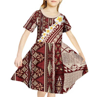 Red Vintage Tonga Ngatu Pattern With Plumeria Kid Short Sleeve Dress LT05 - Polynesian Pride