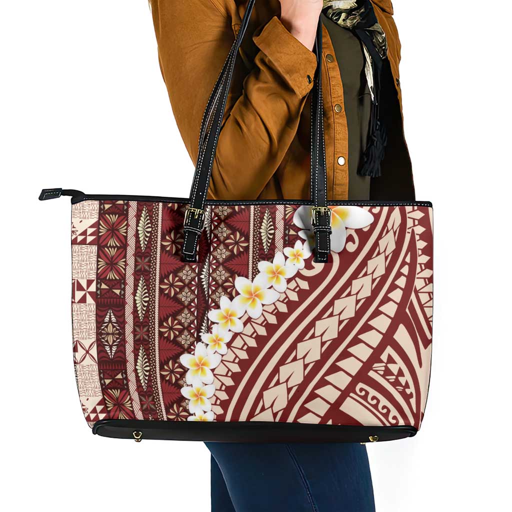 Red Vintage Tonga Ngatu Pattern With Plumeria Leather Tote Bag - Polynesian Pride