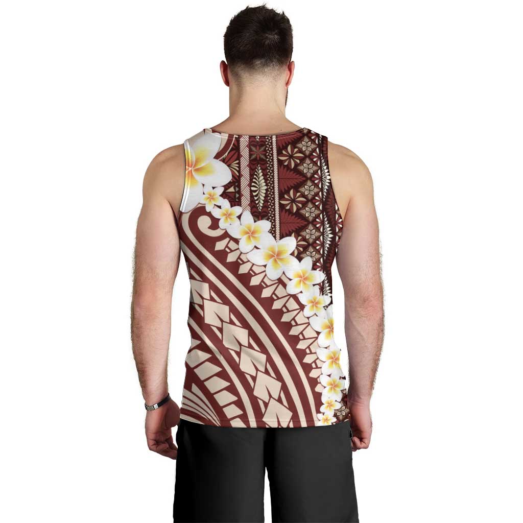 Red Vintage Tonga Ngatu Pattern With Plumeria Men Tank Top - Polynesian Pride