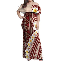 Red Vintage Tonga Ngatu Pattern With Plumeria Off Shoulder Maxi Dress LT05 Women Red - Polynesian Pride