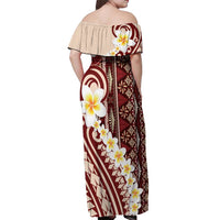 Red Vintage Tonga Ngatu Pattern With Plumeria Off Shoulder Maxi Dress LT05 - Polynesian Pride