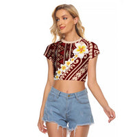 Red Vintage Tonga Ngatu Pattern With Plumeria Raglan Cropped T Shirt LT05 Female Red - Polynesian Pride