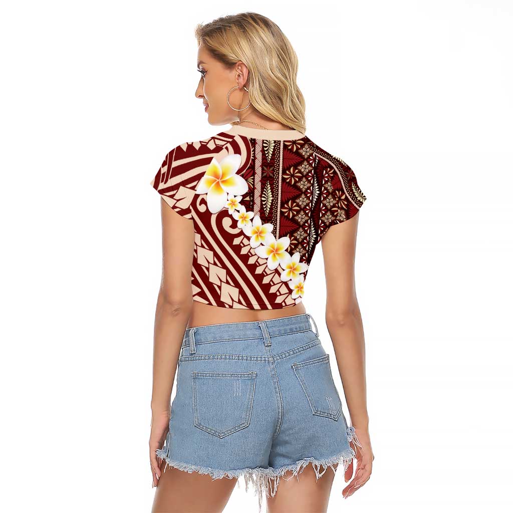 Red Vintage Tonga Ngatu Pattern With Plumeria Raglan Cropped T Shirt LT05 - Polynesian Pride