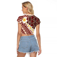 Red Vintage Tonga Ngatu Pattern With Plumeria Raglan Cropped T Shirt LT05 - Polynesian Pride