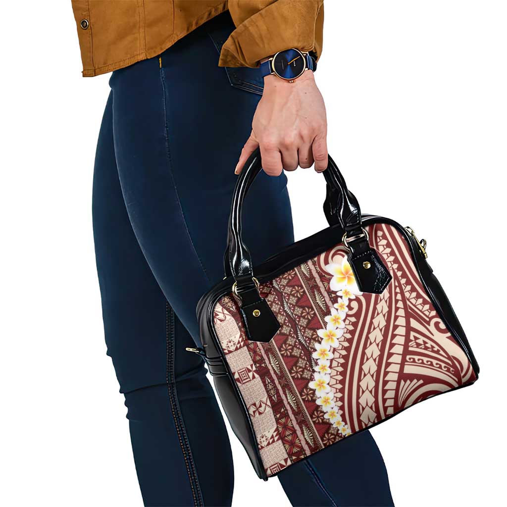 Red Vintage Tonga Ngatu Pattern With Plumeria Shoulder Handbag - Polynesian Pride