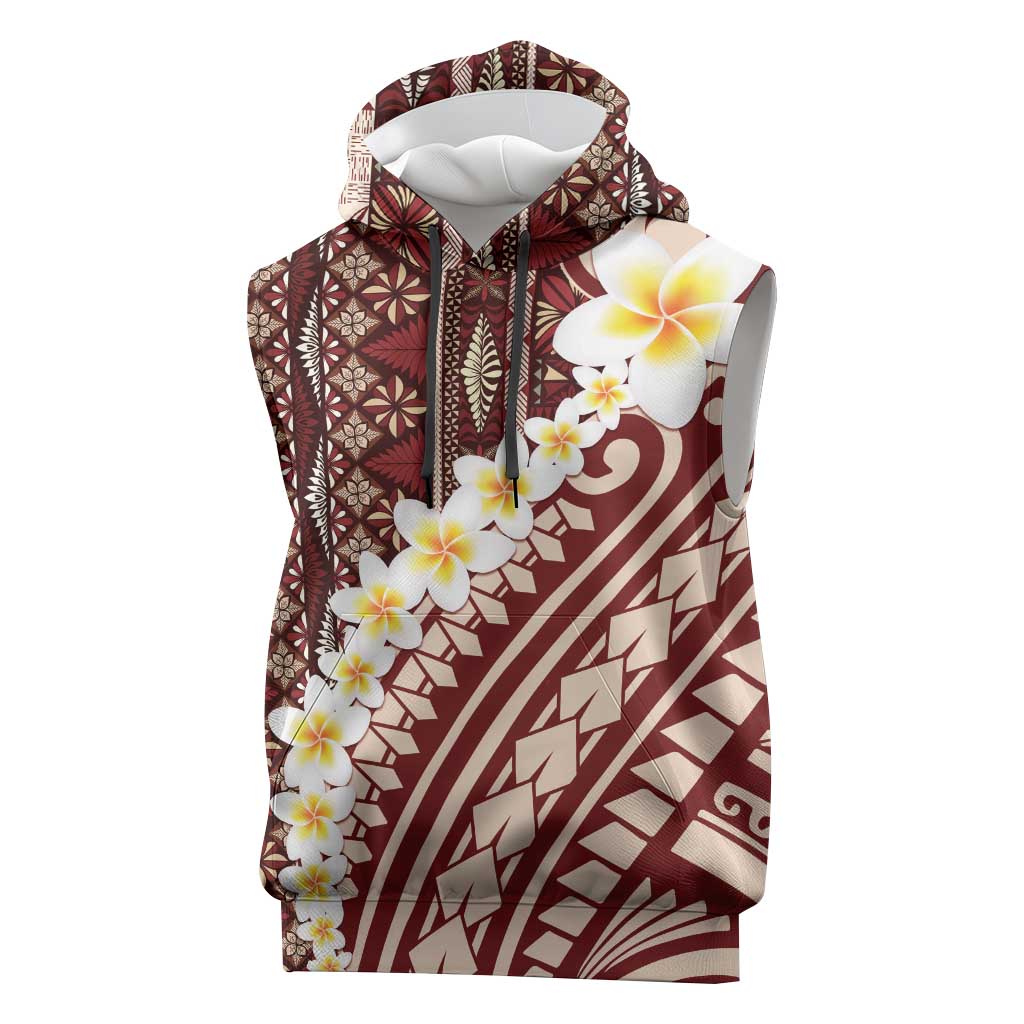 Red Vintage Tonga Ngatu Pattern With Plumeria Sleeveless Hoodie - Polynesian Pride