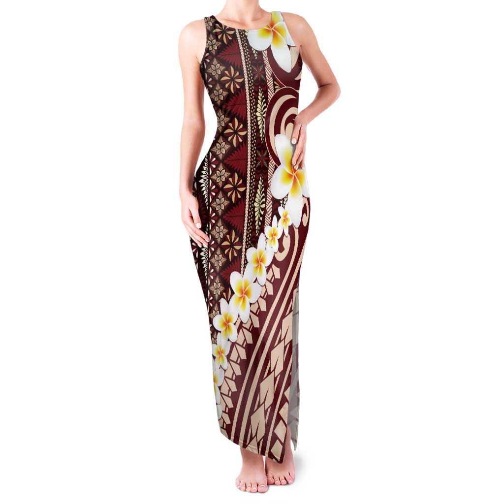 Red Vintage Tonga Ngatu Pattern With Plumeria Tank Maxi Dress LT05 Women Red - Polynesian Pride