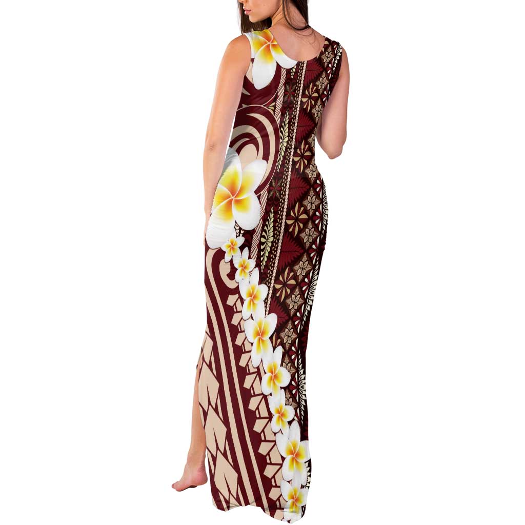 Red Vintage Tonga Ngatu Pattern With Plumeria Tank Maxi Dress LT05 - Polynesian Pride
