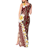 Red Vintage Tonga Ngatu Pattern With Plumeria Tank Maxi Dress LT05 - Polynesian Pride