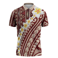 Red Vintage Tonga Ngatu Pattern With Plumeria Zipper Polo Shirt LT05 Red - Polynesian Pride