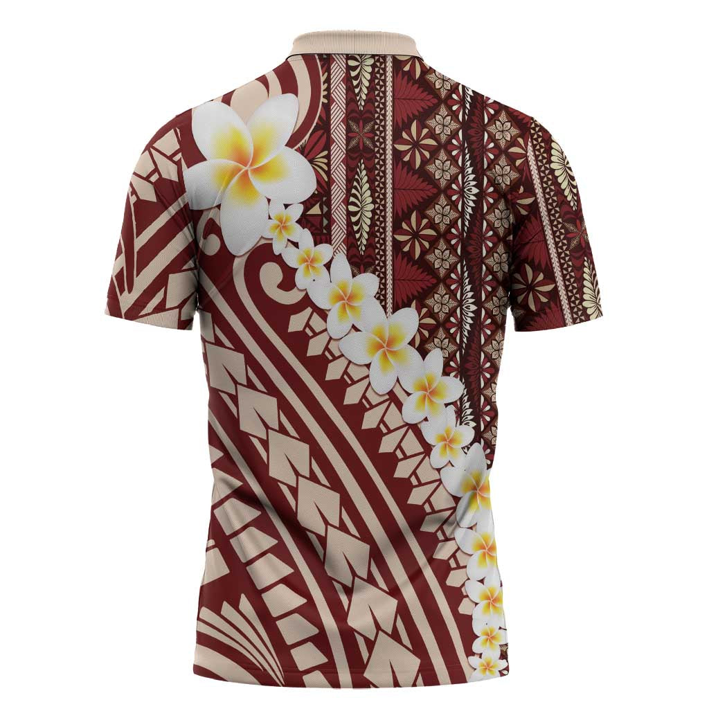 Red Vintage Tonga Ngatu Pattern With Plumeria Zipper Polo Shirt LT05 - Polynesian Pride
