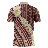 Red Vintage Tonga Ngatu Pattern With Plumeria Zipper Polo Shirt LT05 - Polynesian Pride