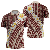 Red Vintage Tonga Ngatu Pattern With Plumeria Zipper Polo Shirt LT05 - Polynesian Pride