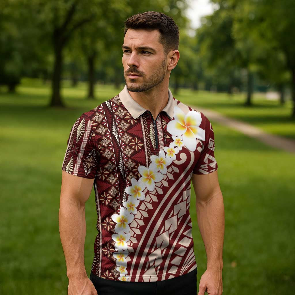 Red Vintage Tonga Ngatu Pattern With Plumeria Zipper Polo Shirt LT05 - Polynesian Pride