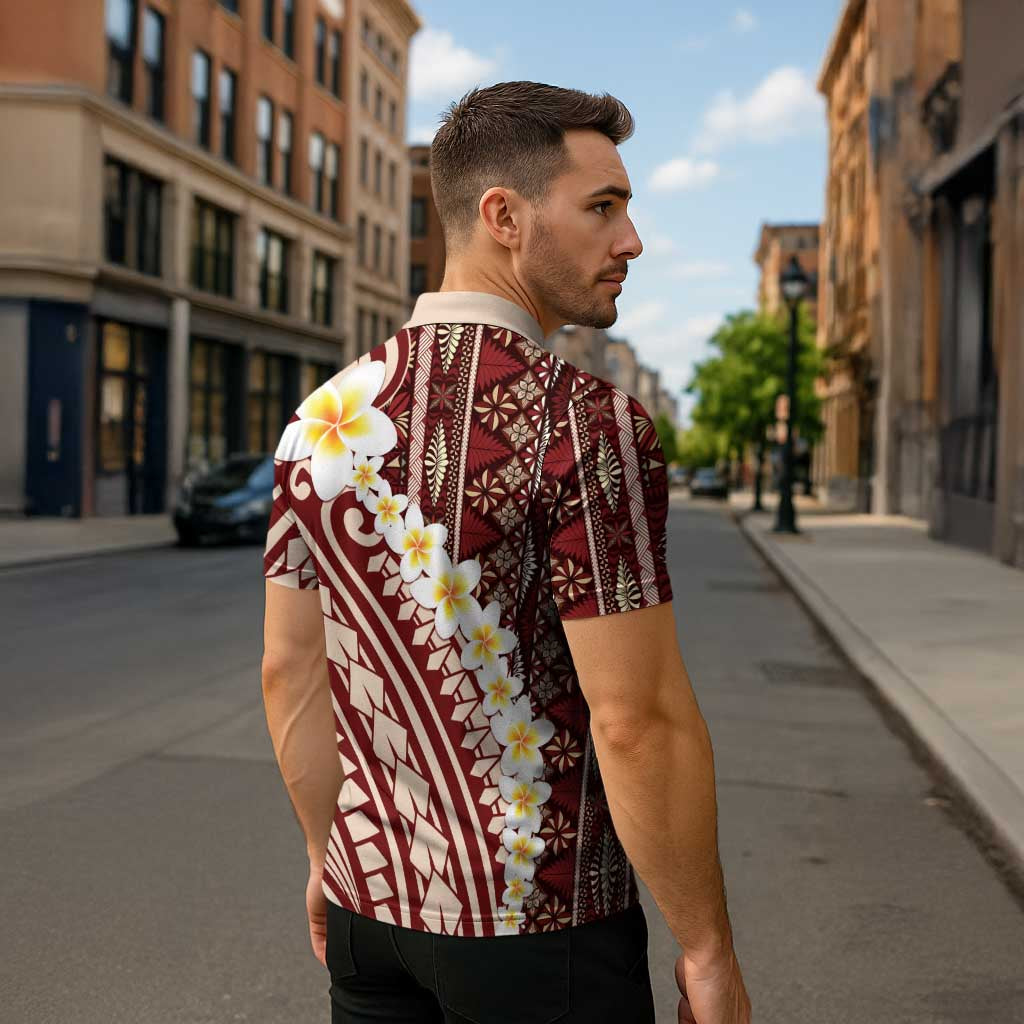 Red Vintage Tonga Ngatu Pattern With Plumeria Zipper Polo Shirt LT05 - Polynesian Pride