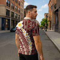 Red Vintage Tonga Ngatu Pattern With Plumeria Zipper Polo Shirt LT05 - Polynesian Pride