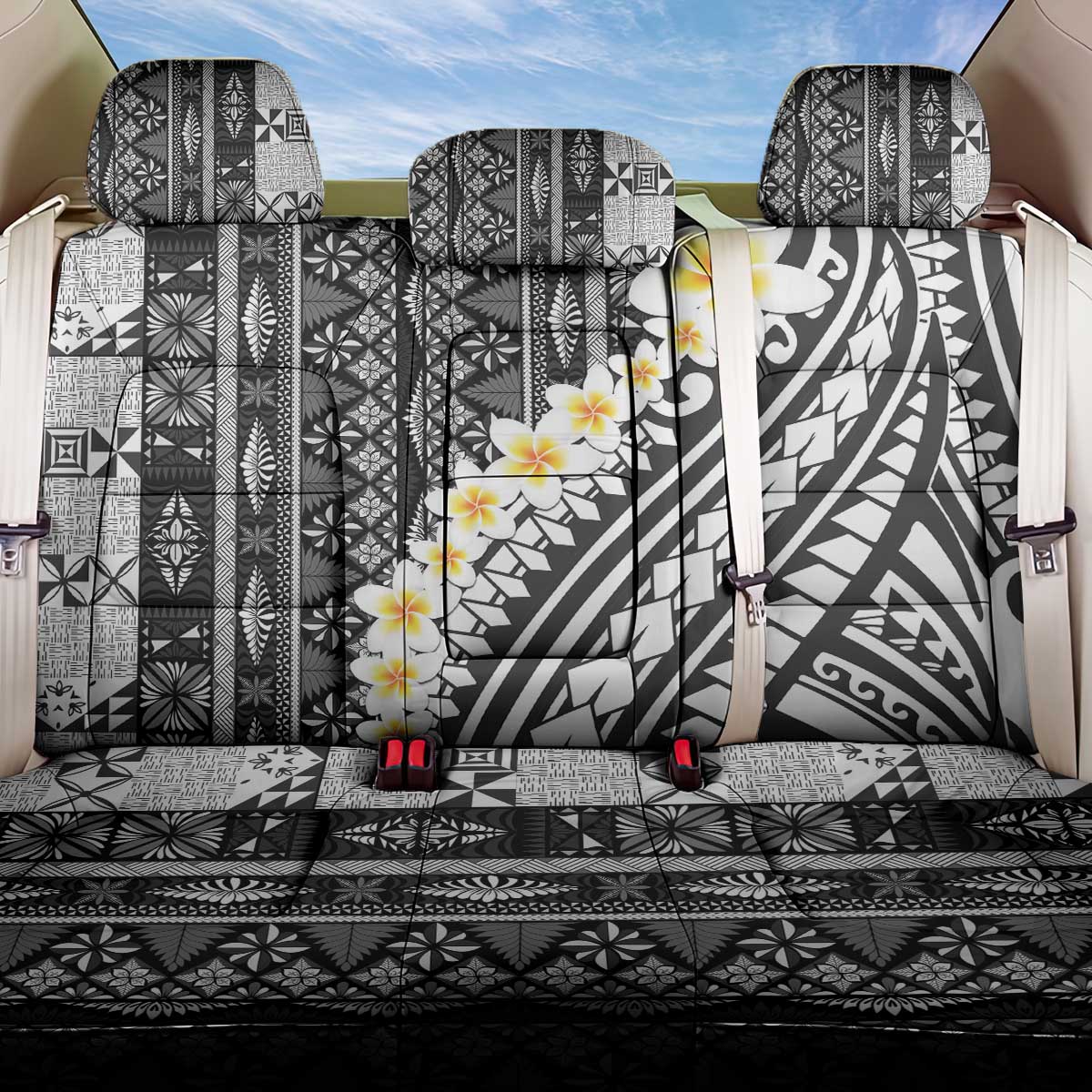 Black Vintage Tonga Ngatu Pattern With Plumeria Back Car Seat Cover - Polynesian Pride