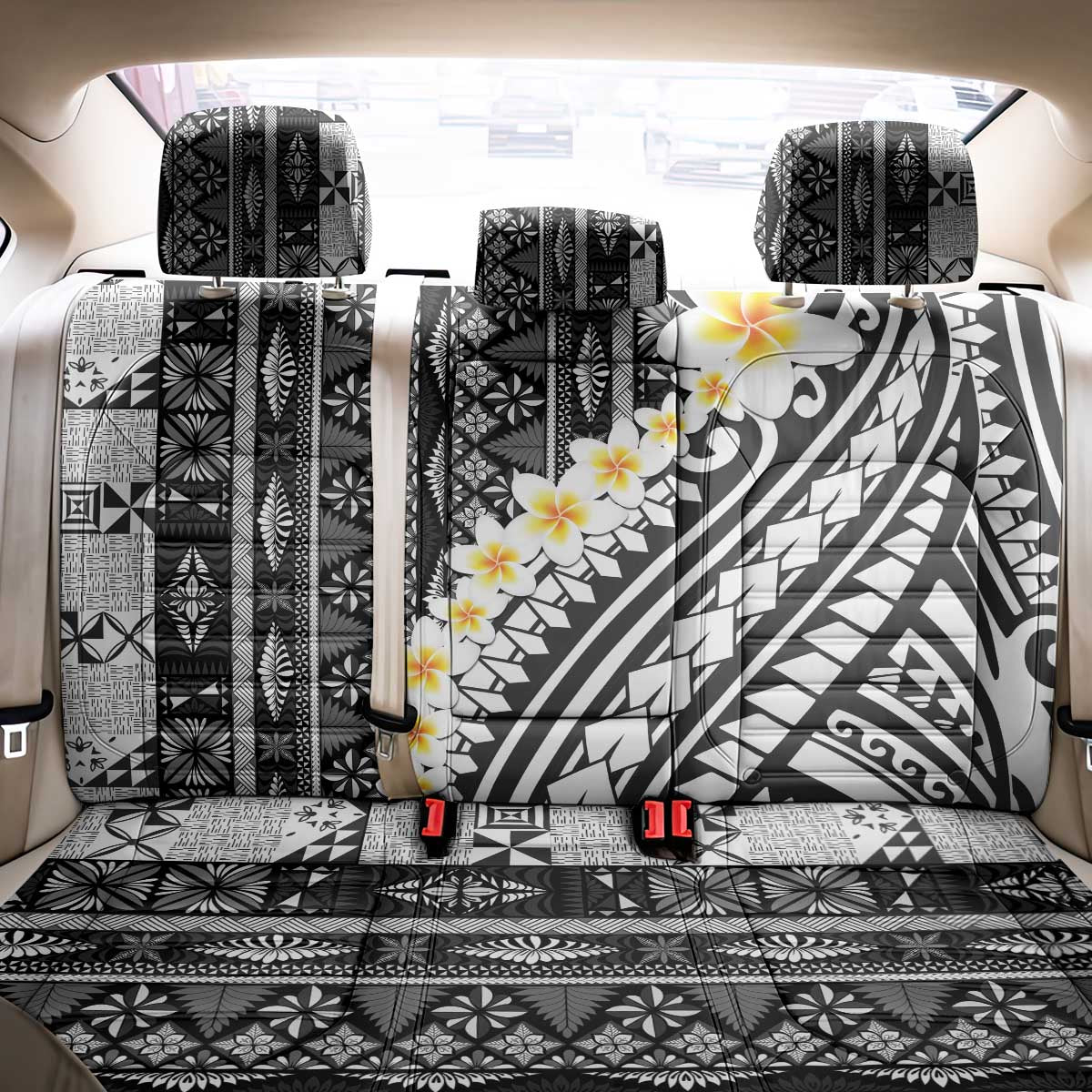 Black Vintage Tonga Ngatu Pattern With Plumeria Back Car Seat Cover - Polynesian Pride