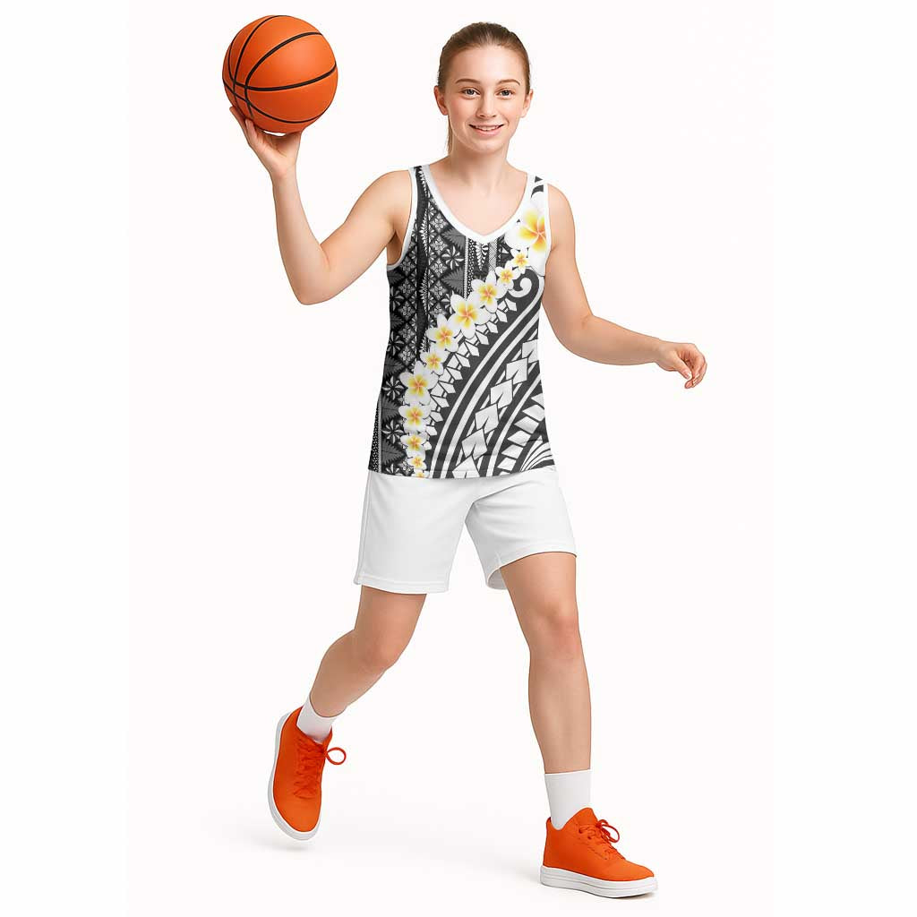 Black Vintage Tonga Ngatu Pattern With Plumeria Basketball Jersey - Polynesian Pride