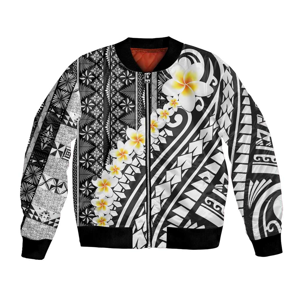 Black Vintage Tonga Ngatu Pattern With Plumeria Bomber Jacket - Polynesian Pride