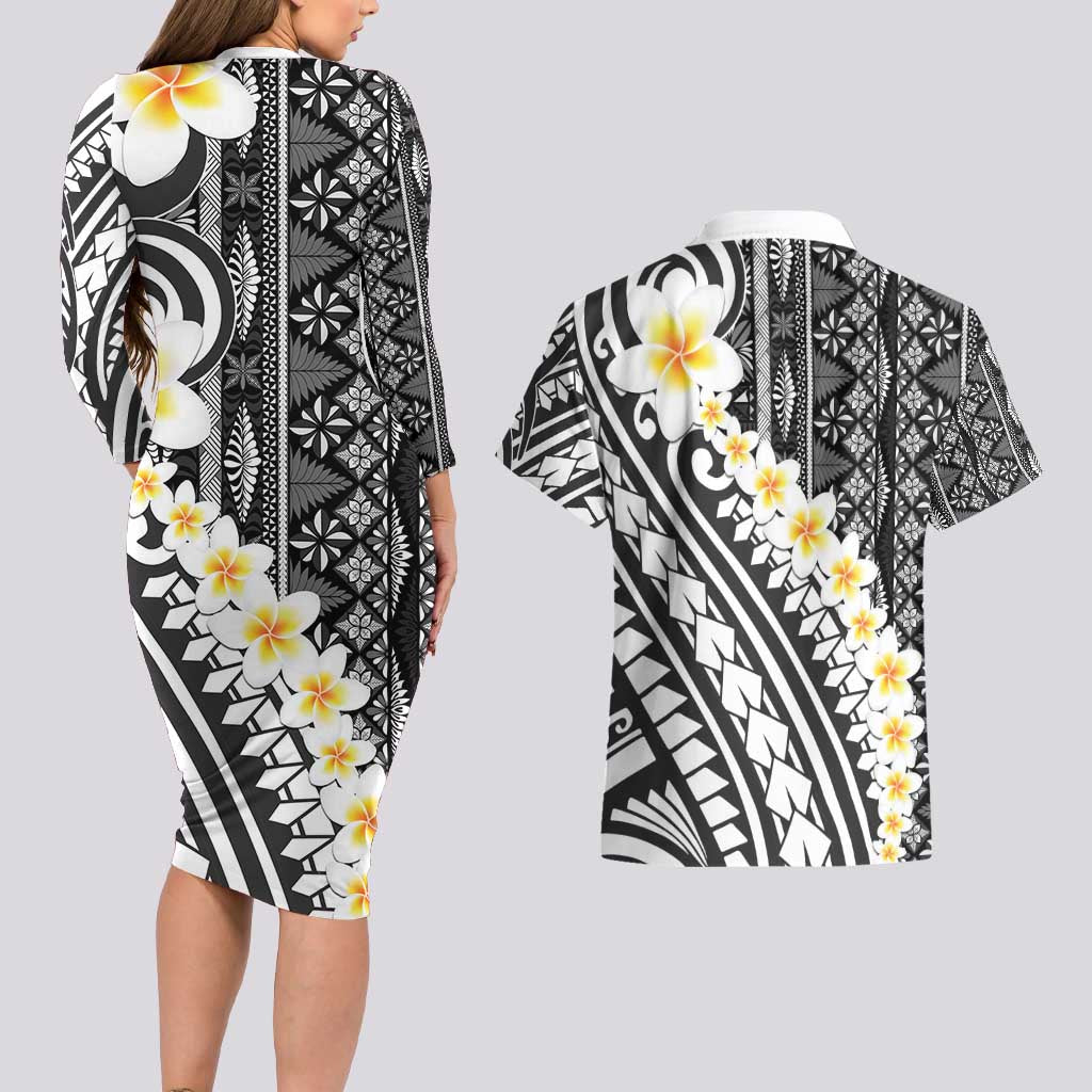 Black Vintage Tonga Ngatu Pattern With Plumeria Couples Matching Long Sleeve Bodycon Dress and Hawaiian Shirt LT05 - Polynesian Pride