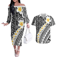 Black Vintage Tonga Ngatu Pattern With Plumeria Couples Matching Off The Shoulder Long Sleeve Dress and Hawaiian Shirt LT05 Black - Polynesian Pride