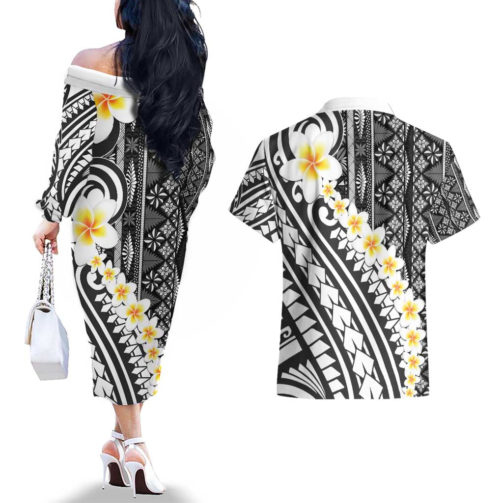 Black Vintage Tonga Ngatu Pattern With Plumeria Couples Matching Off The Shoulder Long Sleeve Dress and Hawaiian Shirt LT05 - Polynesian Pride