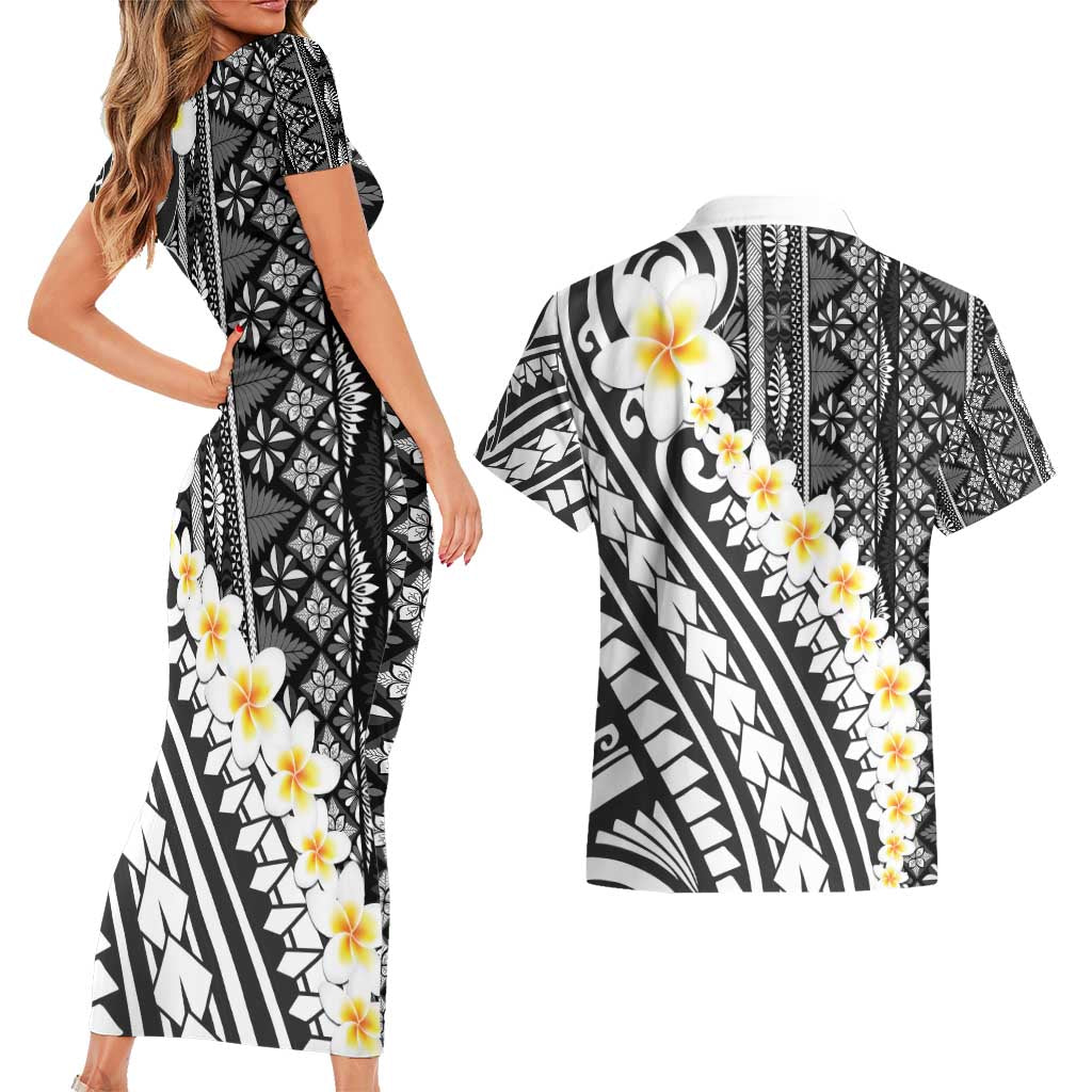 Black Vintage Tonga Ngatu Pattern With Plumeria Couples Matching Short Sleeve Bodycon Dress and Hawaiian Shirt LT05 - Polynesian Pride