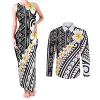 Black Vintage Tonga Ngatu Pattern With Plumeria Couples Matching Tank Maxi Dress and Long Sleeve Button Shirt LT05 Black - Polynesian Pride