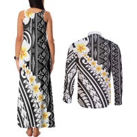 Black Vintage Tonga Ngatu Pattern With Plumeria Couples Matching Tank Maxi Dress and Long Sleeve Button Shirt LT05 - Polynesian Pride