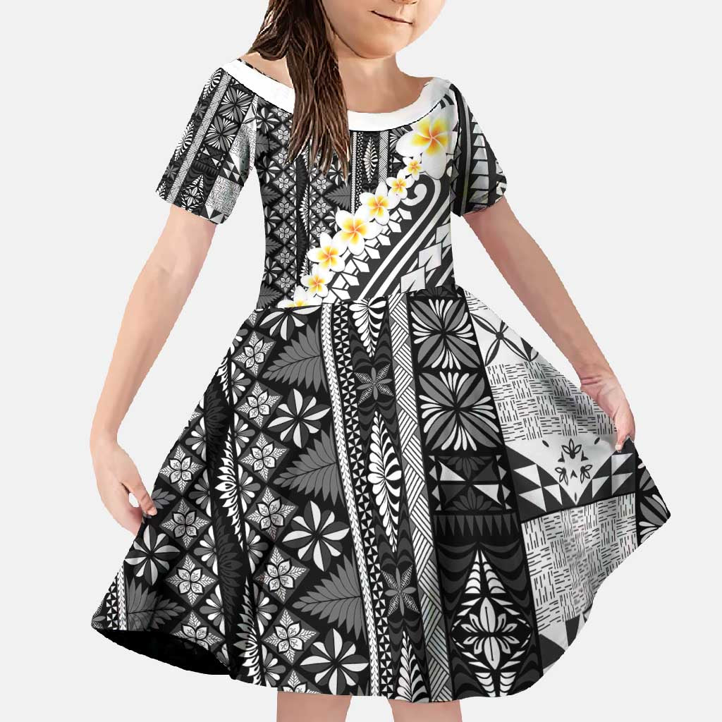Black Vintage Tonga Ngatu Pattern With Plumeria Family Matching Long Sleeve Bodycon Dress and Hawaiian Shirt LT05 Daughter's Dress Black - Polynesian Pride