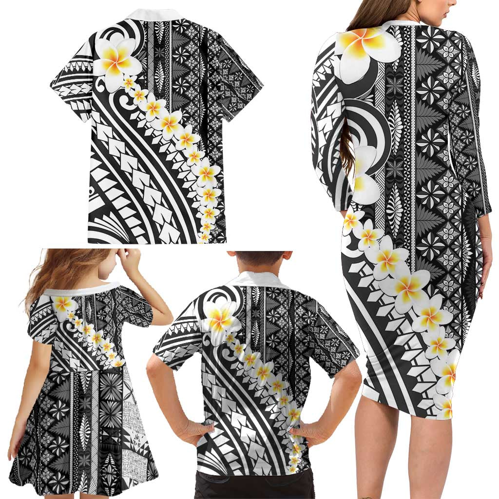 Black Vintage Tonga Ngatu Pattern With Plumeria Family Matching Long Sleeve Bodycon Dress and Hawaiian Shirt LT05 - Polynesian Pride
