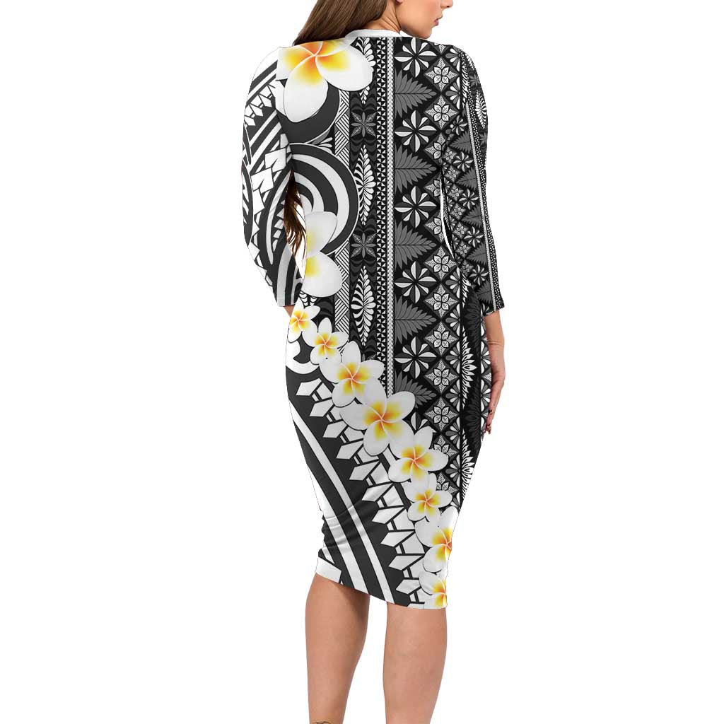 Black Vintage Tonga Ngatu Pattern With Plumeria Family Matching Long Sleeve Bodycon Dress and Hawaiian Shirt LT05 - Polynesian Pride