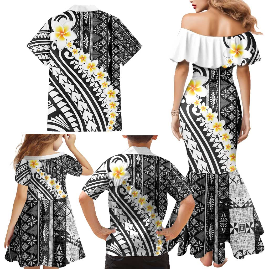 Black Vintage Tonga Ngatu Pattern With Plumeria Family Matching Mermaid Dress and Hawaiian Shirt LT05 - Polynesian Pride