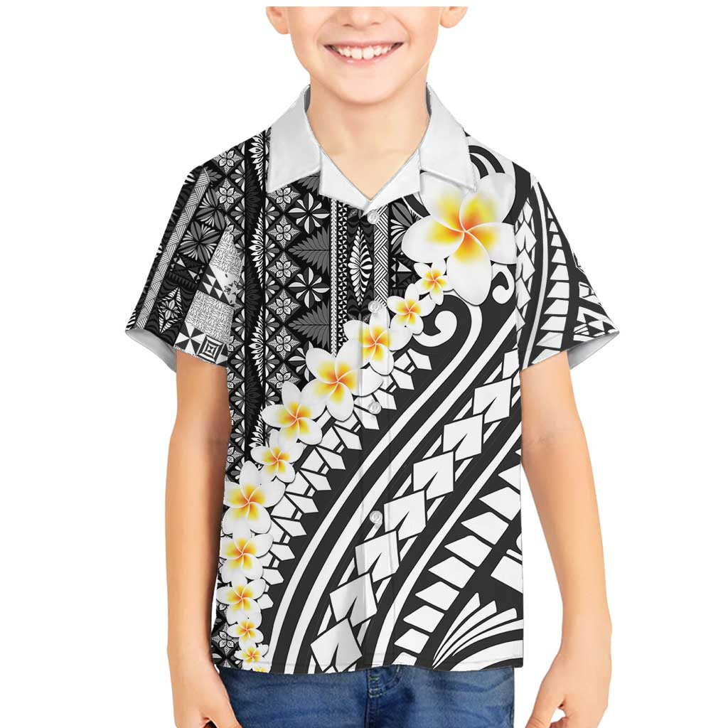 Black Vintage Tonga Ngatu Pattern With Plumeria Family Matching Mermaid Dress and Hawaiian Shirt LT05 Son's Shirt Black - Polynesian Pride