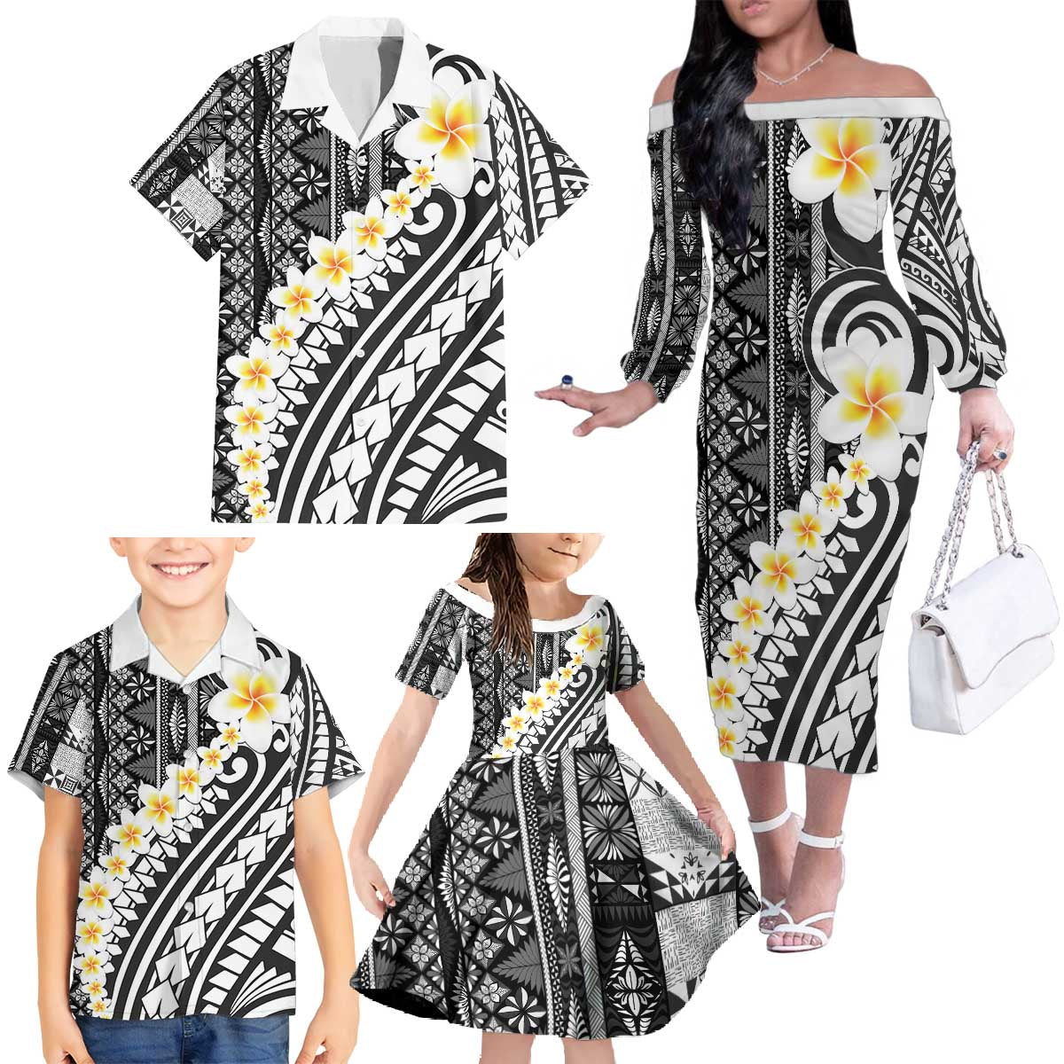Black Vintage Tonga Ngatu Pattern With Plumeria Family Matching Off The Shoulder Long Sleeve Dress and Hawaiian Shirt LT05 - Polynesian Pride