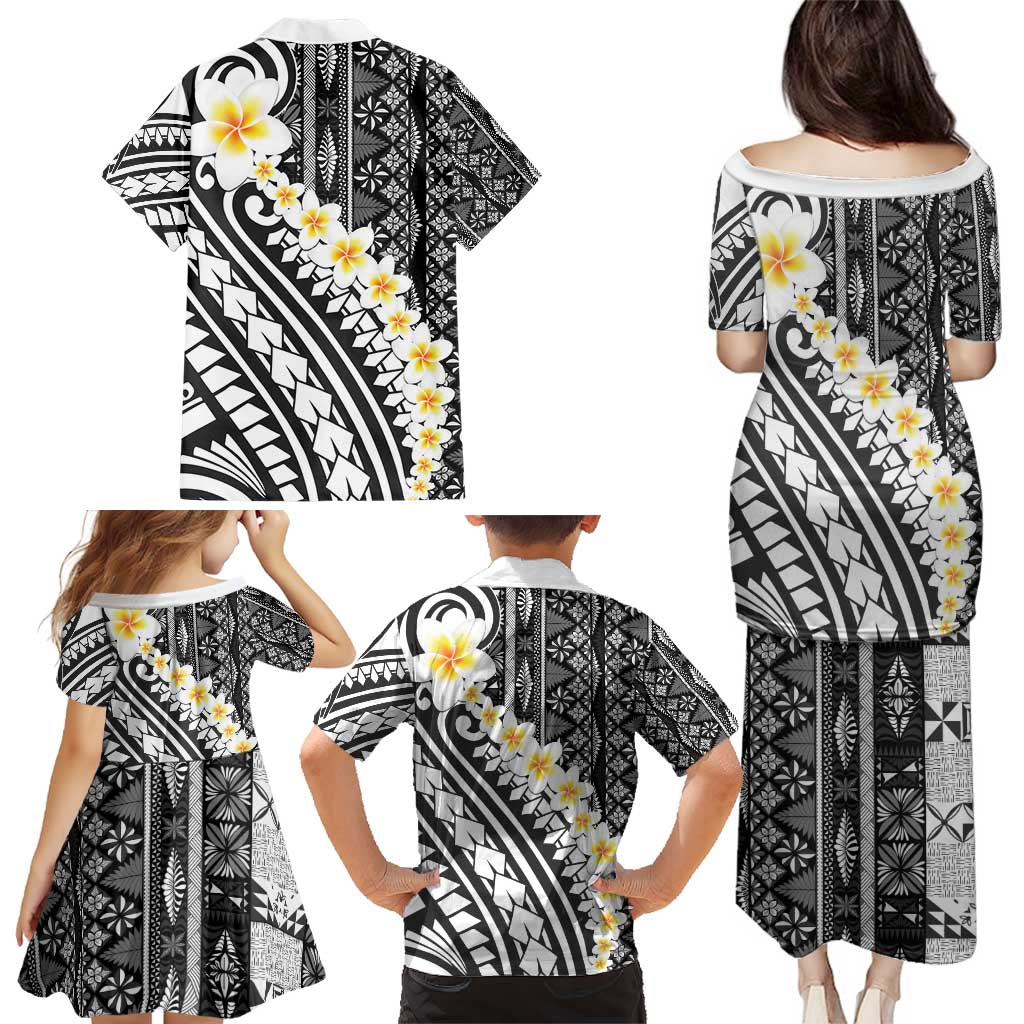 Black Vintage Tonga Ngatu Pattern With Plumeria Family Matching Puletasi and Hawaiian Shirt LT05 - Polynesian Pride