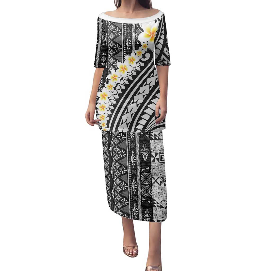 Black Vintage Tonga Ngatu Pattern With Plumeria Family Matching Puletasi and Hawaiian Shirt LT05 Mom's Dress Black - Polynesian Pride