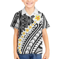 Black Vintage Tonga Ngatu Pattern With Plumeria Family Matching Puletasi and Hawaiian Shirt LT05 Son's Shirt Black - Polynesian Pride