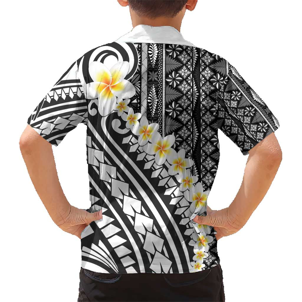 Black Vintage Tonga Ngatu Pattern With Plumeria Family Matching Short Sleeve Bodycon Dress and Hawaiian Shirt LT05 - Polynesian Pride